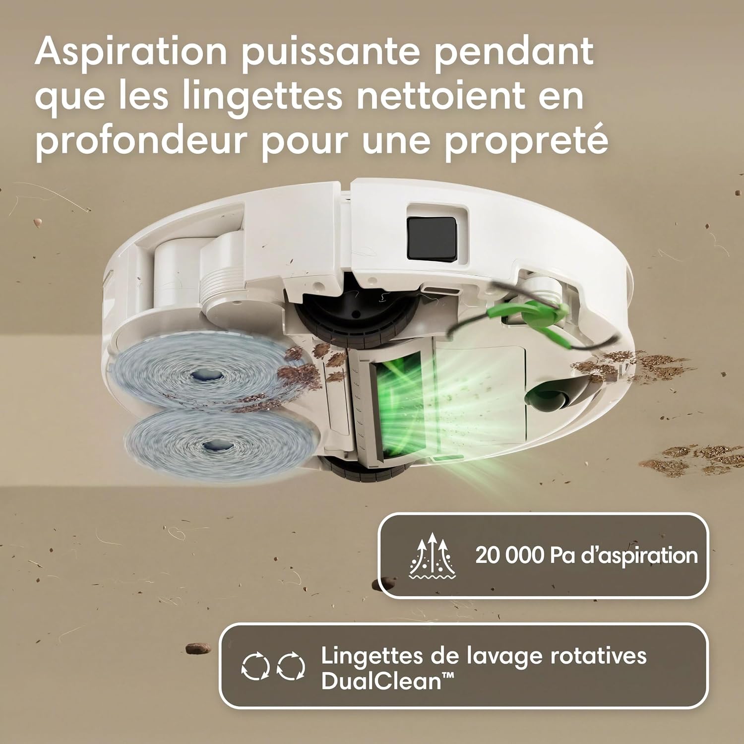 Roomba Plus 416 Combo Robot+AutoWash- 20KPa -Base Multifonction - Lavage et séchage à l'air Chaud des lingettes - LiDAR Clearview - 75 Jours d'autovidage - Accessoires supplémentaires - Blanc