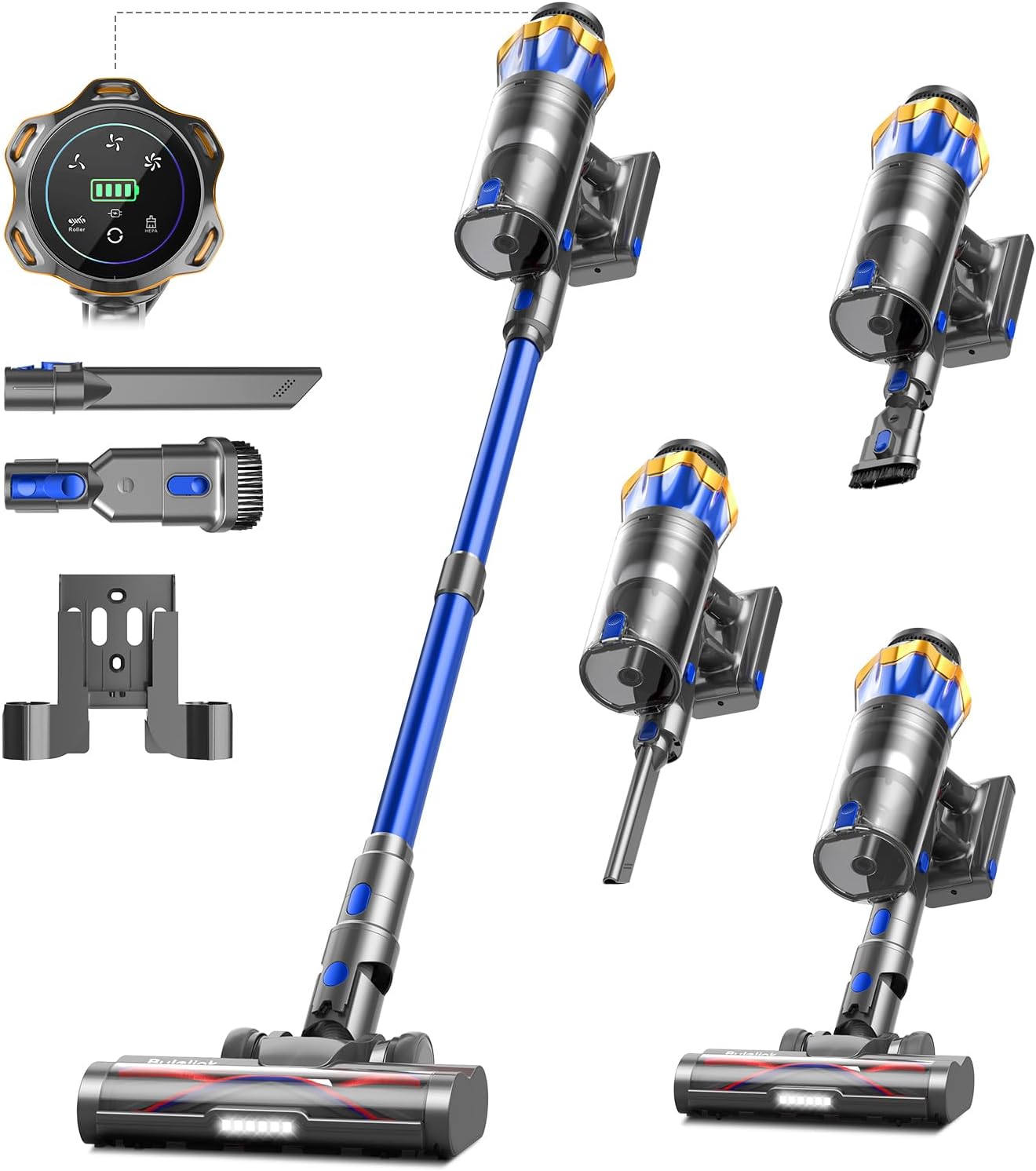 580W/48KPA Aspirateur Balai sans Fil 65min, 1.6 L Aspirateur sans Fil Puissant avec Rechargeable Support Mural, Brosse Anti-Enmêlement Améliorée et OLED Écran Tactile, pour Sols Durs/Animaux/Voiture Bleu