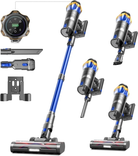 580W/48KPA Aspirateur Balai sans Fil 65min, 1.6 L Aspirateur sans Fil Puissant avec Rechargeable Support Mural, Brosse Anti-Enmêlement Améliorée et OLED Écran Tactile, pour Sols Durs/Animaux/Voiture Bleu