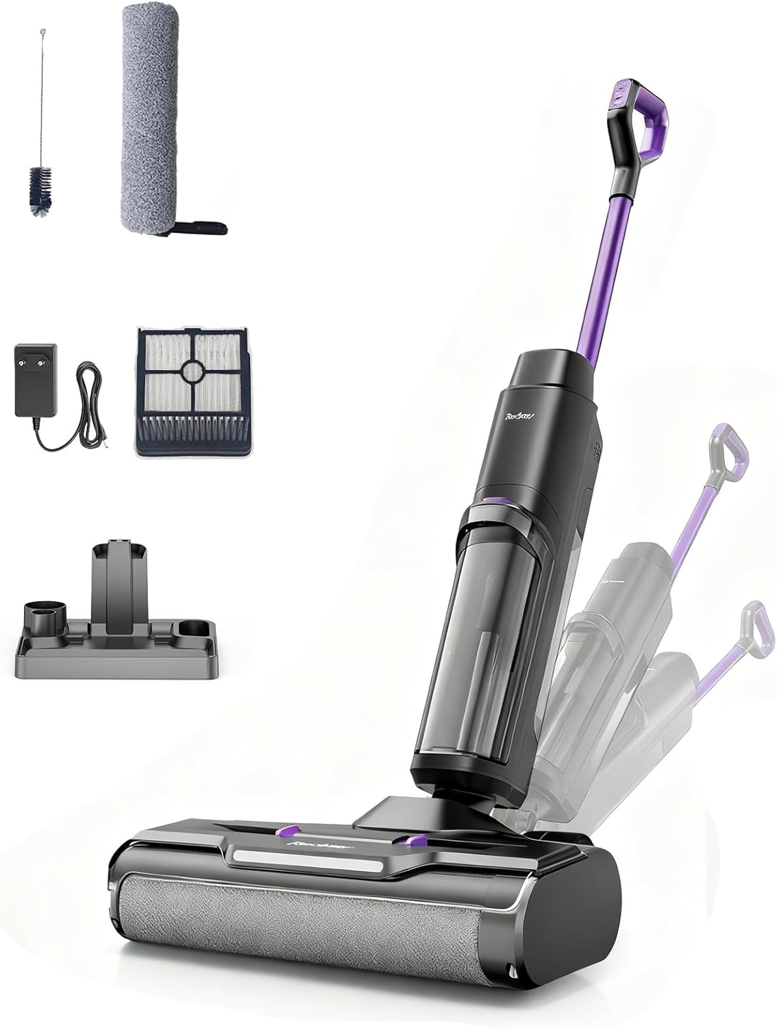 W15 Aspirateur Balai Laveur sans Fil, Balai aspirateur Laveur 3 en 1,Aspiration Puissant Eau et Poussière,5mm Simple Lamination,35min Longue Autonomie, LED écran Digital,Auto-Nettoyage Violet-01