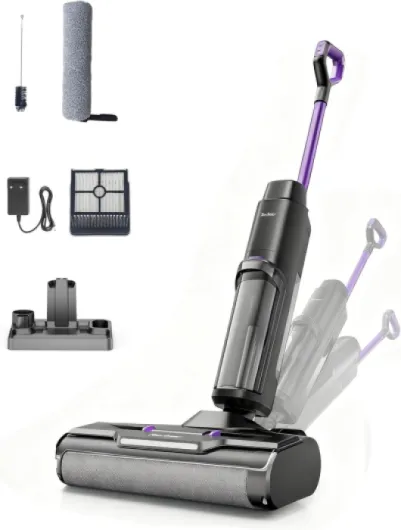 W15 Aspirateur Balai Laveur sans Fil, Balai aspirateur Laveur 3 en 1,Aspiration Puissant Eau et Poussière,5mm Simple Lamination,35min Longue Autonomie, LED écran Digital,Auto-Nettoyage Violet-01
