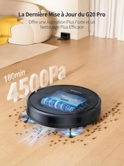 HONITURE Aspirateur Robot G20 Pro, Robot Aspirateur Laveur 3 en 1,Robot Aspirateur 4500Pa d'Aspiration,180min d'Autonomie, avec contrôle par Application, idéal pour Les Poils d'animaux, Les Noir