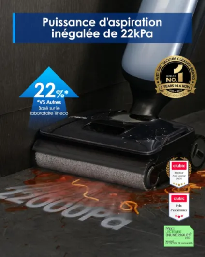 Floor One S9 Artist Aspirateur Laveur, 22 kPa d'aspiration, 360° SmoothDrive, Design Anti-emmêlement, 50 Min d'autonomie, Nettoyage des Bords des 2 côtés, s'aplatit à 180°, Flashdry à 85°C