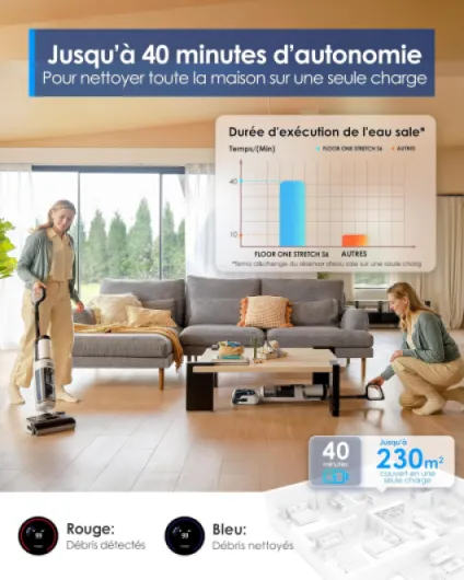 Floor One Stretch S6 Aspirateur Laveur, Aspirateur Sec et Humide Puissant Intelligent, portée à Plat 180°, Nettoyage Deux Bords, Auto-Nettoyage Flashdry à 70℃ en 5 Min, 40 Min d'autonomie