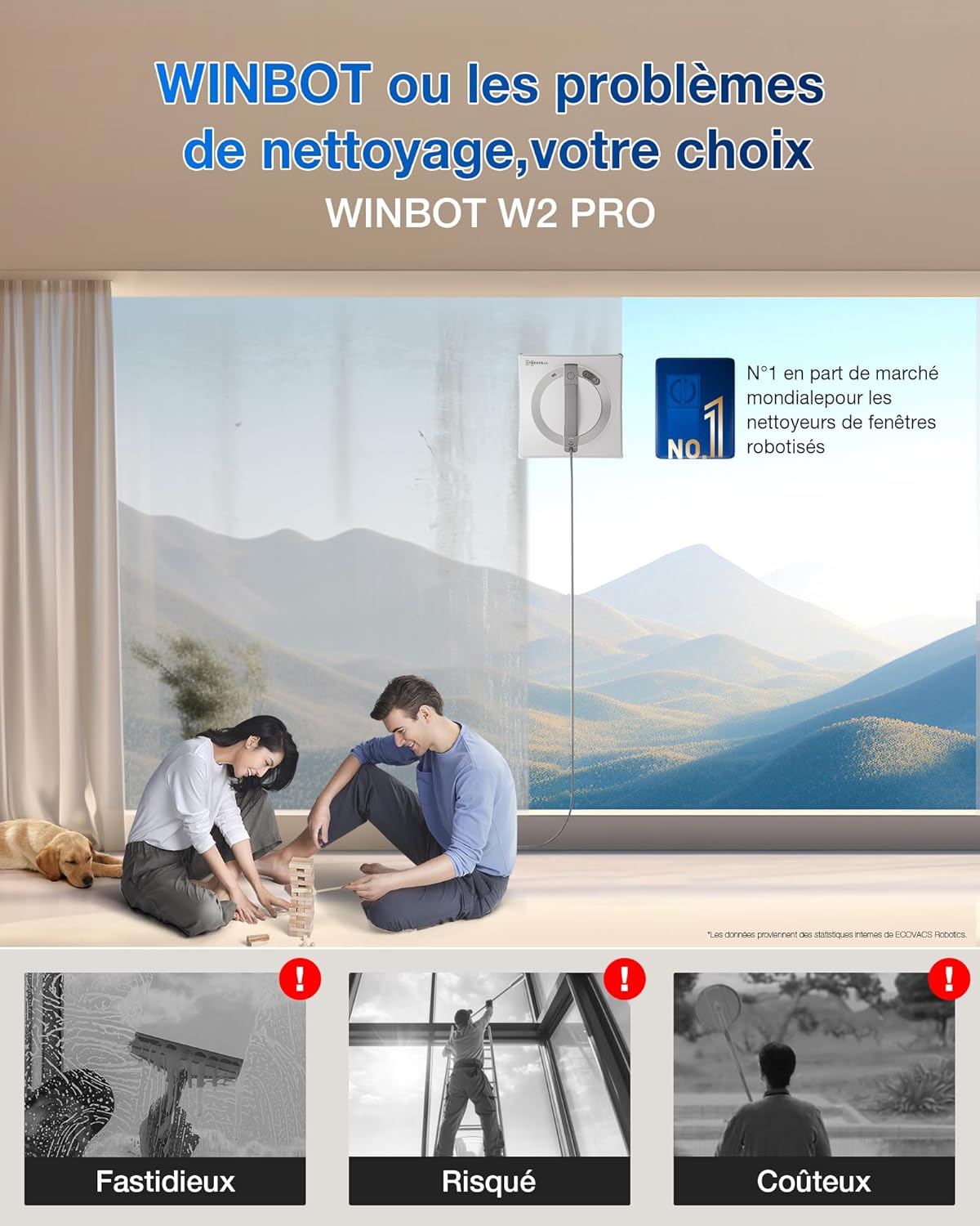 WINBOT W2 Pro Robot Nettoyeur de Vitres, Buses à 3 Embouts, Système de Protection à 10 Niveaux, Planification de Chemin Win-Slam 4.0, Système d'escalade Stable, Détection des Bords