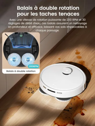 M3 Robot Aspirateur Laveur 12 000 Pa, Station Multifonctionnelle, Double Serpillière Rotative 200 TR/Min, Navigation dToF, Évitement d'obstacles PSD, 220min, 30 réglages de Niveau d'eau