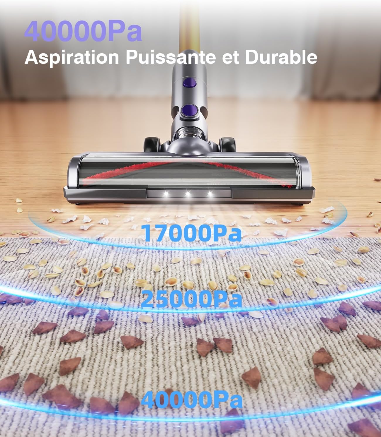 Aspirateur Balai sans Fil 450W/40KPA, 50 Minutes Autonomie Aspirateur sans Fil Puissant avec Écran Intelligent, aspirateur balai puissant pour Les Poils d'animaux/Tapis/Sols Durs,2025 Dernier Modèle V8