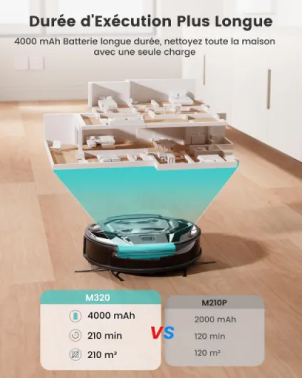 Aspirateur Robot Laveur M320, 6000Pa d'Aspiration, Évitement Précis des Obstacles, Détection de Tapis, Idéal pour Les Poils d'animaux, Cheveux et Sols Durs Tapis, Contrôle App/Alexa/WiFi, Noir