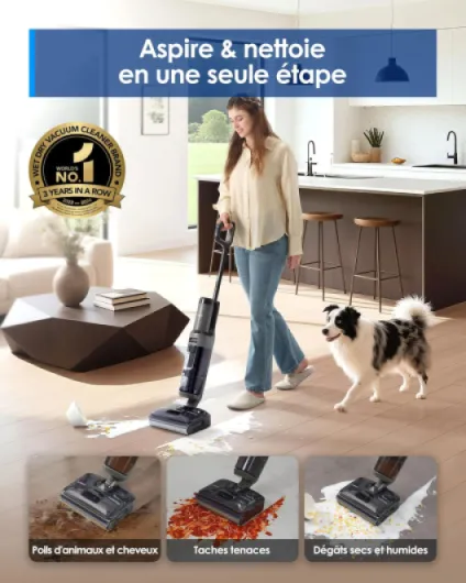 Floor One i6 Stretch Aspirateur Laveur sans Fil, Aspirateur Sec et Humide, Aspiration Puissante 20 kPa, portée à Plat 180°, Nettoyage Deux Bords, 40 Min d'autonomie, séchage 5 Min 85°C