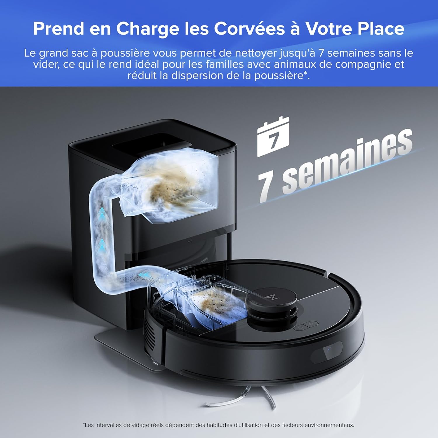 Q7 L5+ Robot Aspirateur Laveur avec Station, 8000 Pa Aspiration, Vidange Automatique, Navigation LiDAR, 3 Niveaux d'eau, pour Poils d'animaux/Tapis, App Q7 L5+ Noir