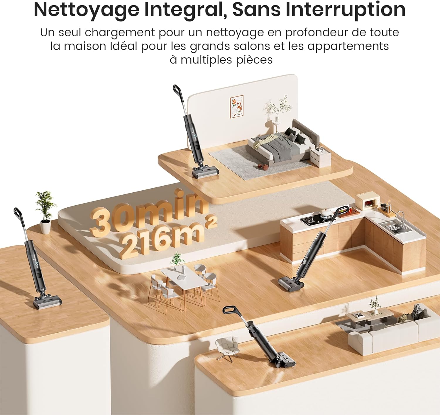 LS200 Aspirateur Balais Laveur sans Fil et Lavage Puissant, Autonettoyage Intelligent avec Racleur Résistant, 30 Min Autonomie, Design Anti-chevauchement, Aspirateur sans Sac pour Sols Durs