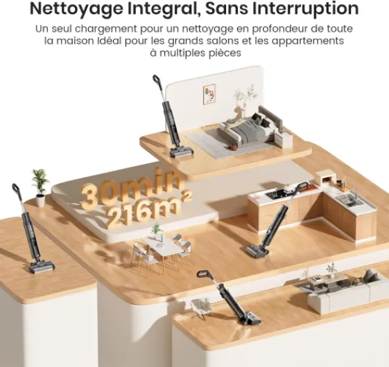 LS200 Aspirateur Balais Laveur sans Fil et Lavage Puissant, Autonettoyage Intelligent avec Racleur Résistant, 30 Min Autonomie, Design Anti-chevauchement, Aspirateur sans Sac pour Sols Durs