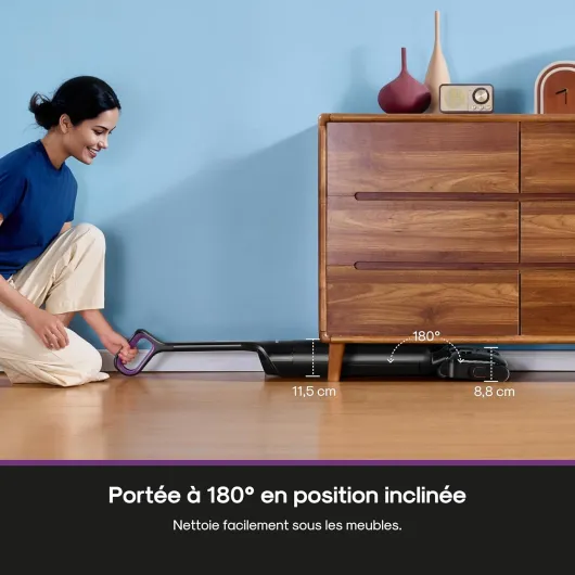 FloorShine 460 Aspirateur Laveur Inclinaison à Plat 180° Hauteur 11,5 cm, Nettoyage Bords, Auto Séchage, 30 min Autonomie, Aspirateur Laveur Eau et Poussière, Grands Réservoirs, Anti-Emmêlement