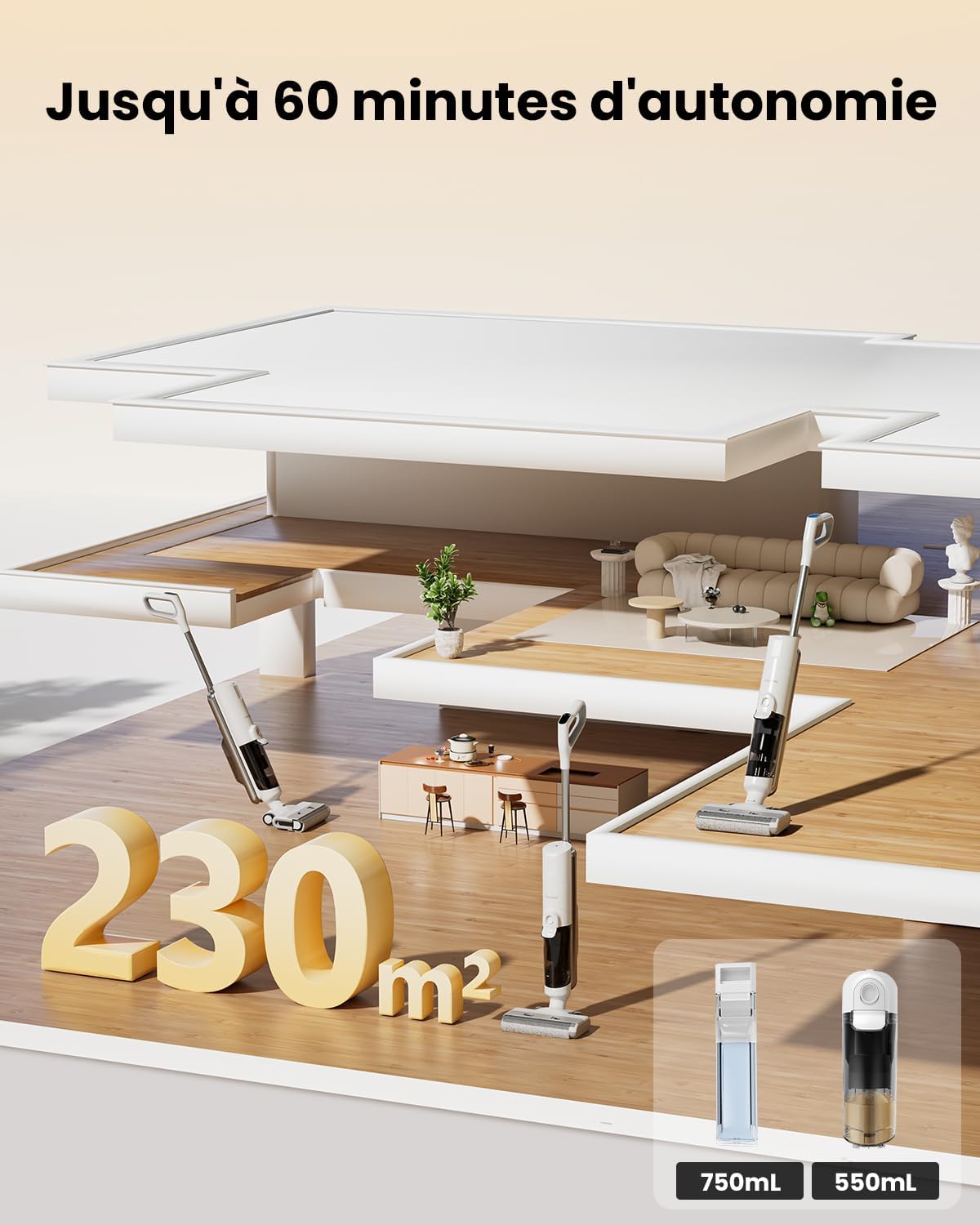 F10 Ultra+ Aspirateur Laveur sans Fil,60 Mins Aspirateur Balai sans Fil Sec et Humide,Léger Aspirateur Eau et Poussière,Laveur de Sol,Autonettoyant,1.3L,Nettoyage des Angles,Bords,Sols Durs