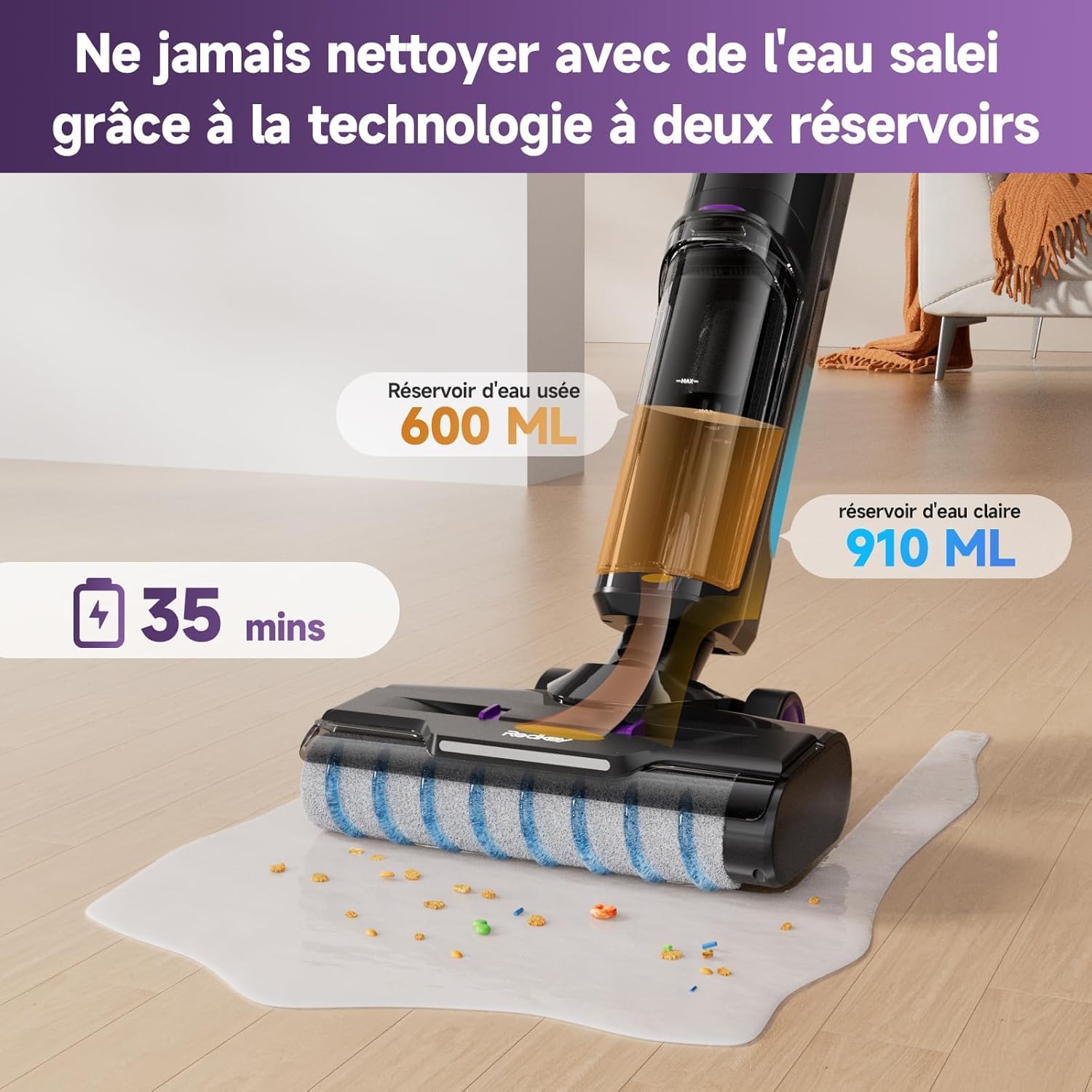 W15 Aspirateur Balai Laveur sans Fil, 20.000 Pa Balai aspirateur Laveur 3 en 1, Aspiration Puissant Eau et Poussière, 5mm Simple Lamination, Longue Autonomie, LED écran Digital, Auto-Nettoyage