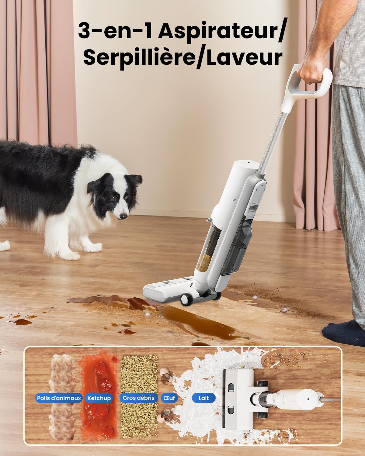 Aspirateur Laveur sans Fil, Eau et Poussière, Balai sans Fil Humide et Sec,1.15L Réservoir,Autonettoyant,30 Mins pour Nettoyer Les Saletés Collantes,Sols Durs