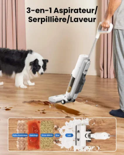Aspirateur Laveur sans Fil, Eau et Poussière, Balai sans Fil Humide et Sec,1.15L Réservoir,Autonettoyant,30 Mins pour Nettoyer Les Saletés Collantes,Sols Durs