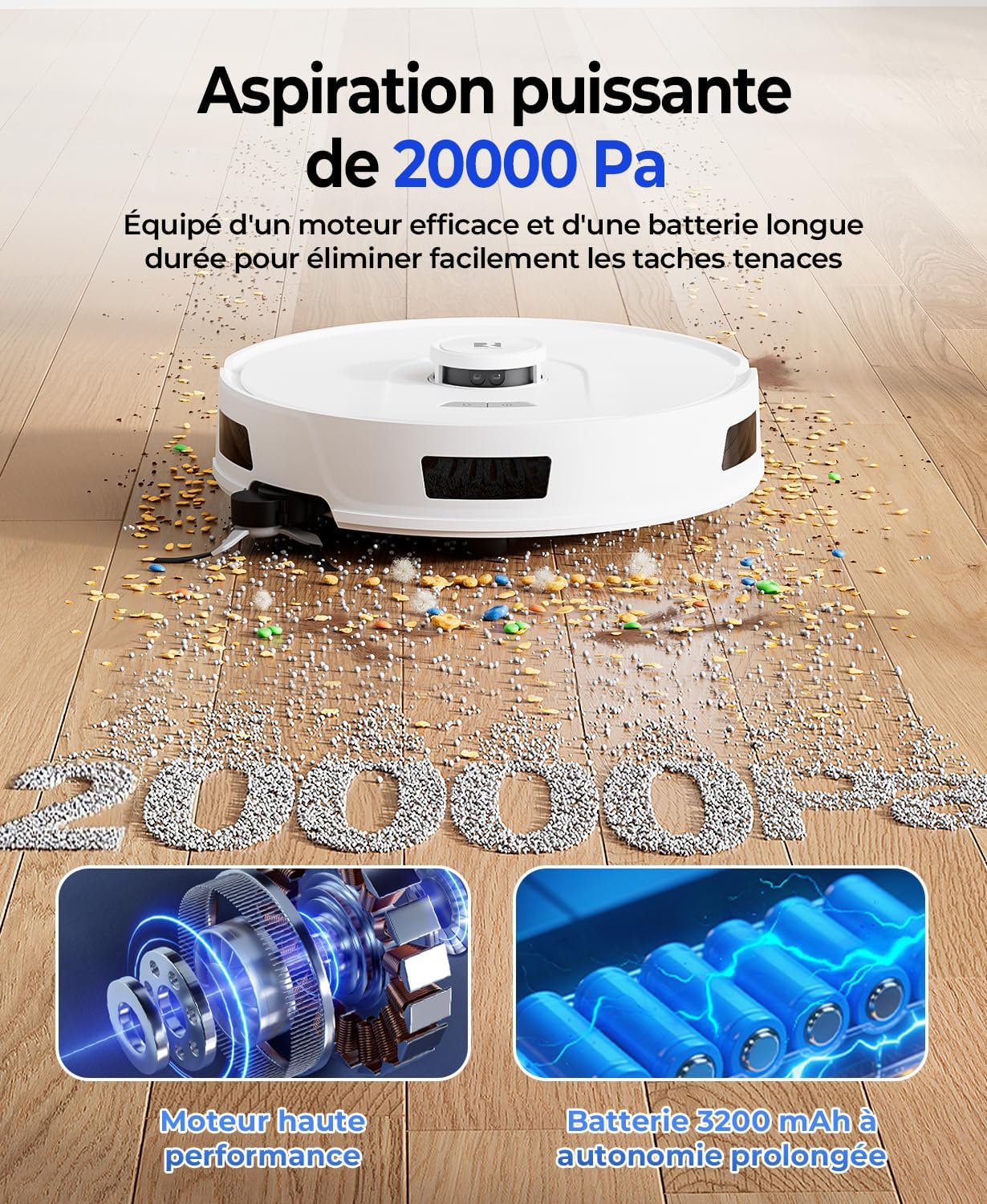 Aspirateur Robot Laveur avec Station, 20000Pa, Station de Vidage Automatique 120 Jours, Navigation LiDAR, WiFi APP 5G/2.4G, Robot Aspirateur Laveur Autonome pour Tapis/Sols/Poils d’Animaux (R11-1)