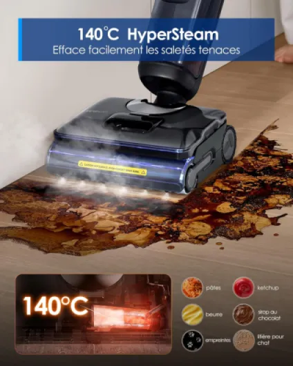 Floor One S7 Stretch Steam Aspirateur Balai Vapeur sans Fil Tout-en-Un, 160℃ HyperSteam, Plat 180°, Auto-Nettoyage FlashDry 85℃, 80 Min d'autonomie, Parfait pour Les Saletés Collantes