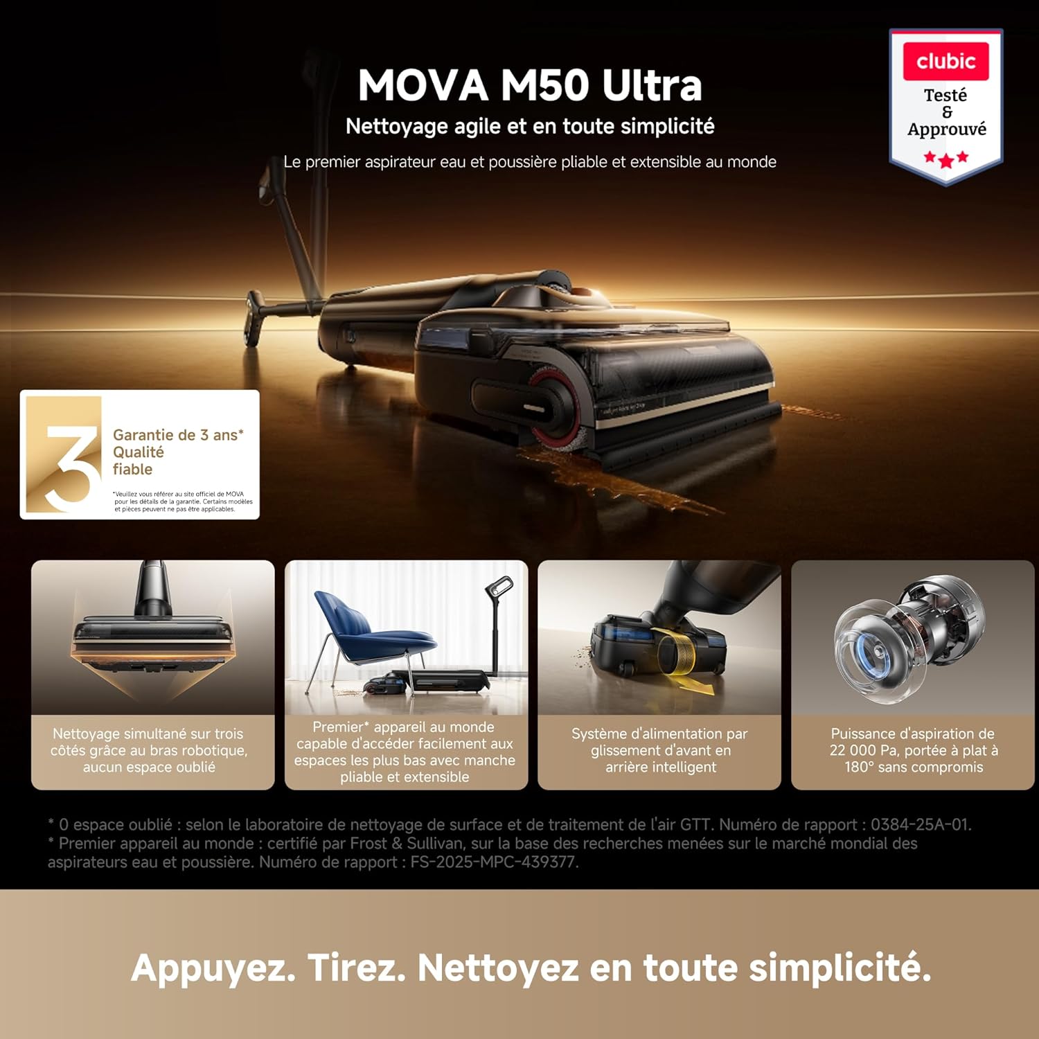 M50 Ultra aspirateur Eau et poussière, 22kPa, Bras robotisé 0 écart, poignée Pliable et Extensible, Glisse Avant-arrière Intelligente, Lavage Brosse immersif 100°C, séchage 5 Min 90°C