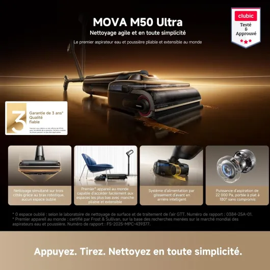 M50 Ultra aspirateur Eau et poussière, 22kPa, Bras robotisé 0 écart, poignée Pliable et Extensible, Glisse Avant-arrière Intelligente, Lavage Brosse immersif 100°C, séchage 5 Min 90°C