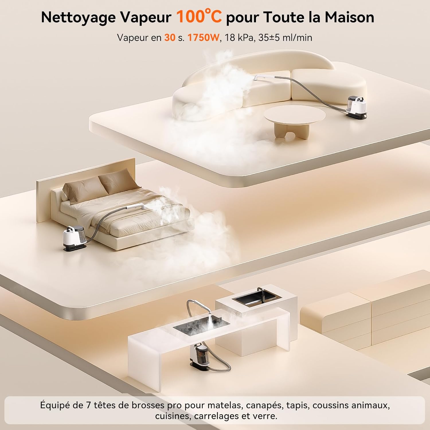 Y100 Steam 3-en-1 Shampouineuse, Nettoyeur Canapé Tissu 18KPA, 1750W, Nettoyeur Vapeur 100°C, à l'Eau Chaude 65°C, à l'Eau Froide, Auto-nettoyage, 7 Accessoires Pro, Détergent, Gar - 2 ans.