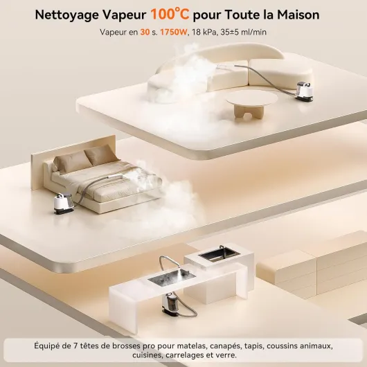 Y100 Steam 3-en-1 Shampouineuse, Nettoyeur Canapé Tissu 18KPA, 1750W, Nettoyeur Vapeur 100°C, à l'Eau Chaude 65°C, à l'Eau Froide, Auto-nettoyage, 7 Accessoires Pro, Détergent, Gar - 2 ans.