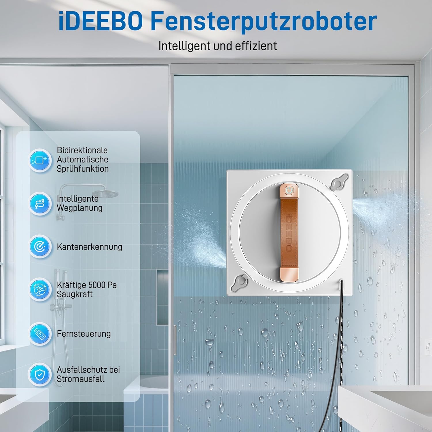 Robot Laveur de Vitres, 5000Pa Robot Nettoyeur Vitre avec Système de Pulvérisation à 2 Voies, Réservoir de 100 ML, Planification Automatique d'itinéraire Blanc