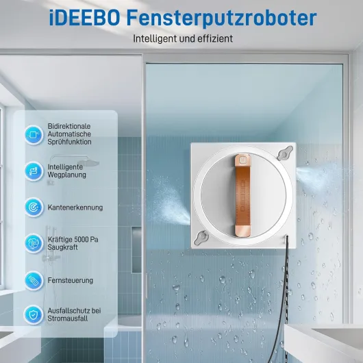 Robot Laveur de Vitres, 5000Pa Robot Nettoyeur Vitre avec Système de Pulvérisation à 2 Voies, Réservoir de 100 ML, Planification Automatique d'itinéraire Blanc