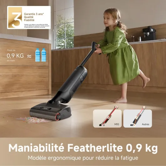 M10 Aspirateur eau et poussière, portée à plat de 180°, flexible et pivotant à 90°, poids de 0,9 kg en main, lavage de brosse 75 °C + séchage air chaud 5 min, anti-anchevêtrement,aspiration 18kPa