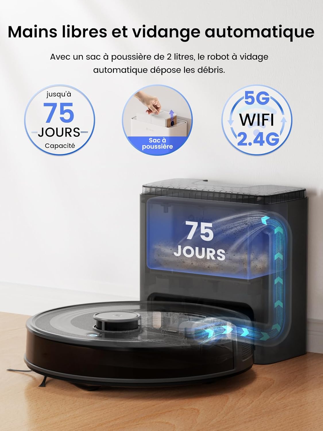 M2 Plus Robot Aspirateur Laveur avec Station Vidage Automatique, 6000Pa, Navigation Laser avec Cartographie, Évitement d'obstacles PSD, Idéal pour Poils d'animaux/Tapis, App/WiFi/Alexa, Noir Noir Profond