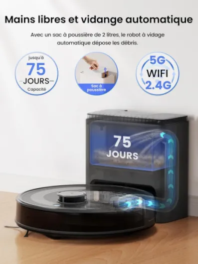 M2 Plus Robot Aspirateur Laveur avec Station Vidage Automatique, 6000Pa, Navigation Laser avec Cartographie, Évitement d'obstacles PSD, Idéal pour Poils d'animaux/Tapis, App/WiFi/Alexa, Noir Noir Profond