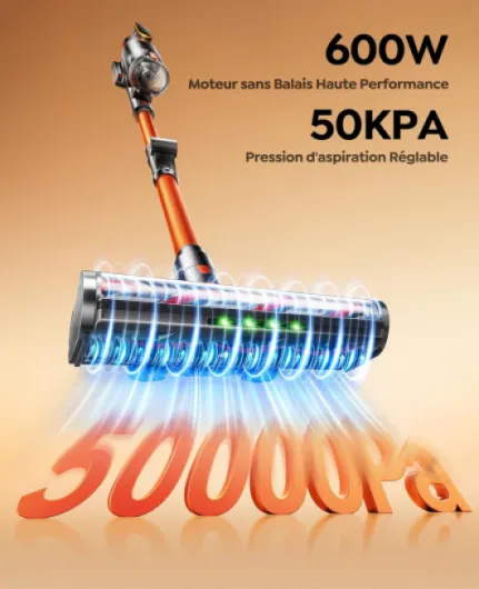 Aspirateur Balai sans Fil, 50kPa/600W/65Min Aspirateur sans Fil Puissant avec Tube Pliable Parfumé Mode Automatique Tuyau Extensible 1m pour Poils d'animaux, Tapis, Sols Durs et Voiture