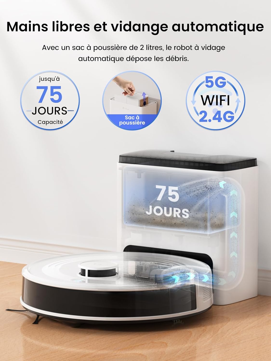 M2 Plus Robot Aspirateur Laveur 6000Pa avec Station Vidage Automatique Poussière,Navigation Laser avec Cartographie,Évitement d'obstacles PSD,Idéal pour Poils d'animaux/Tapis, WiFi/App/Alexa Blanc Vif