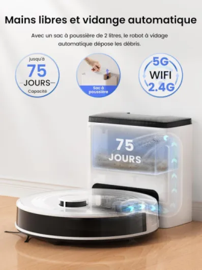 M2 Plus Robot Aspirateur Laveur 6000Pa avec Station Vidage Automatique Poussière,Navigation Laser avec Cartographie,Évitement d'obstacles PSD,Idéal pour Poils d'animaux/Tapis, WiFi/App/Alexa Blanc Vif