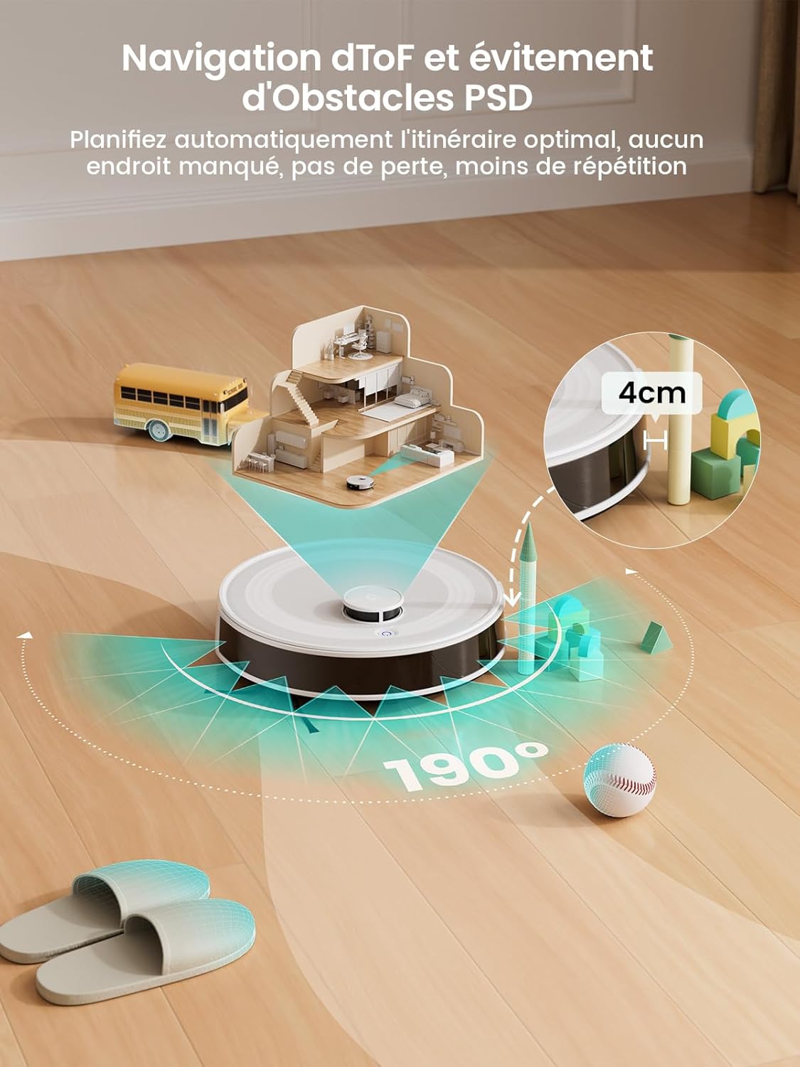 M2 Robot Aspirateur Laveur avec Cartographie, Aspiration de 6000Pa, Navigation Laser, Technologie d'évitement PSD, Nettoyage Personnalisé, Autonomie de 160 Minutes, Contrôle Via APP/Alexa/WiFi Blanc Nacré