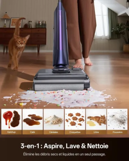 AC1 Triflex Aspirateur Laveur, Aspirateur Sec Humide pour Sols durs, Nettoyage des Bords 0mm, Auto-Nettoyage Automatique, 55 Min, avec Voix Intelligente et Anti-Emballage de Cheveux