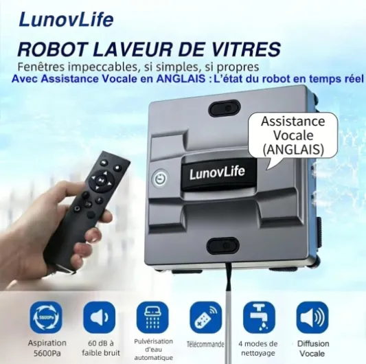 Robot Laveur de Vitre 5600Pa, Nettoyeur Vitre Automatique 6 Buses Pulvérisation, Aspirateur à Vitre Intelligent avec Télécommande & Corde de Sécurité, pour Fenêtres Intérieures et Extérieures Gris