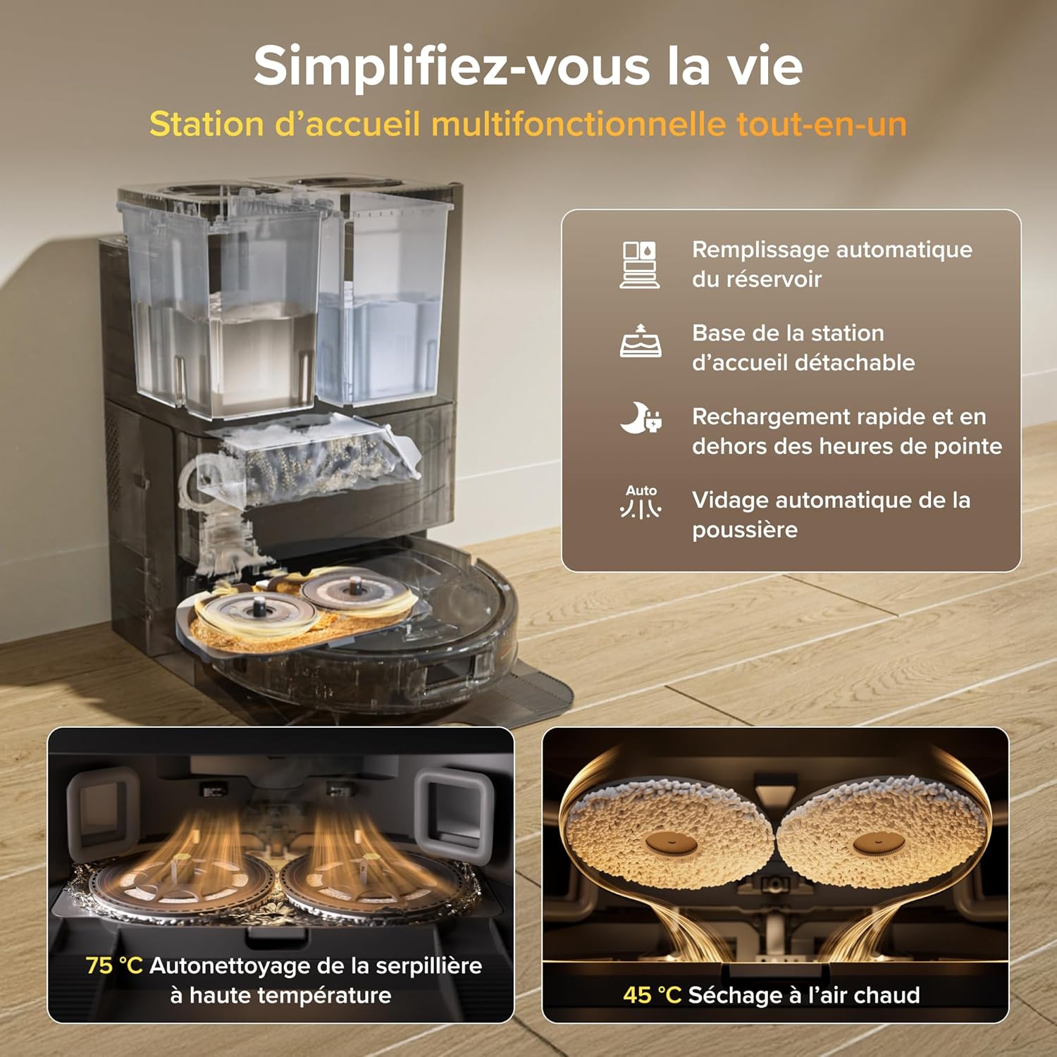 Qrevo S Pro Robot Aspirateur Laveur, 18 500 Pa, 45 °C Séchage à l’air Chaud, 75 °C Autonettoyant à Haute Température, Évitement d'obstacles et Navigation Intelligente, Anti-enchevêtrements Noir