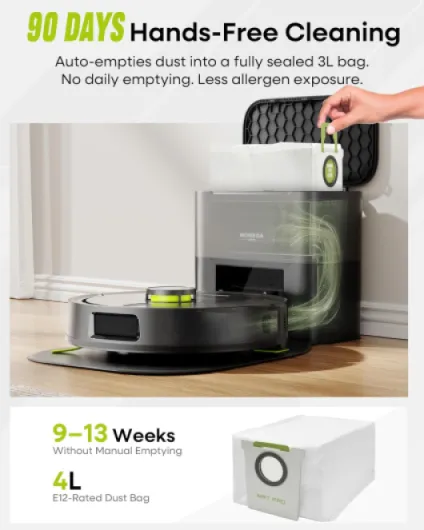 MONSGA Robot Vacuum with Mop Self Emptying, 8000Pa Suction, Lidar Navigation, Dual Anti-Tangle, Protective Charging Base Pad, 90 Days Hands-Free, APP/Remote/Voice Control, for Hard Floors and Carpets Grey