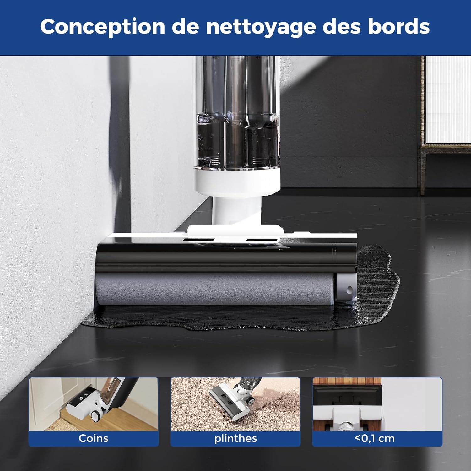 ED12 Aspirateur Eau et Poussière, Aspirateur et Balai à Franges sans Fil 4 en 1, Brosse Rouleau de Nettoyage des Bords, Fonction d’Auto-Nettoyage, pour Sols Durs, Poils d'animaux Moderne