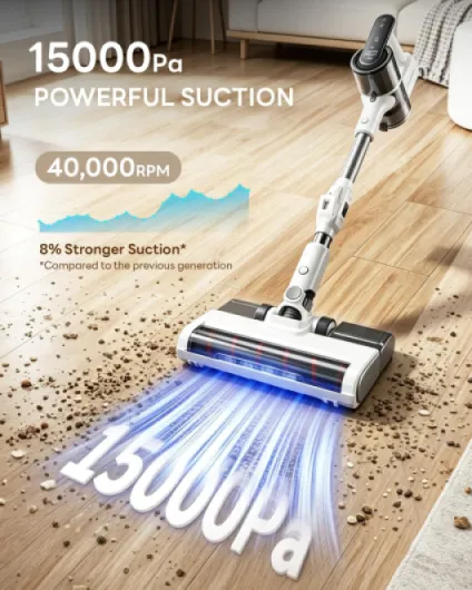 Aspirateur Balai Sans Fil, 15 000 Pa/40 000 RPM/30 Min, Aspirateur Laveur Autoportante avec Tube Pliable, Lumière Verte, Filtration Anti-Allergènes, pour Poils d'Animaux, Tapis, Sols Durs, Voiture