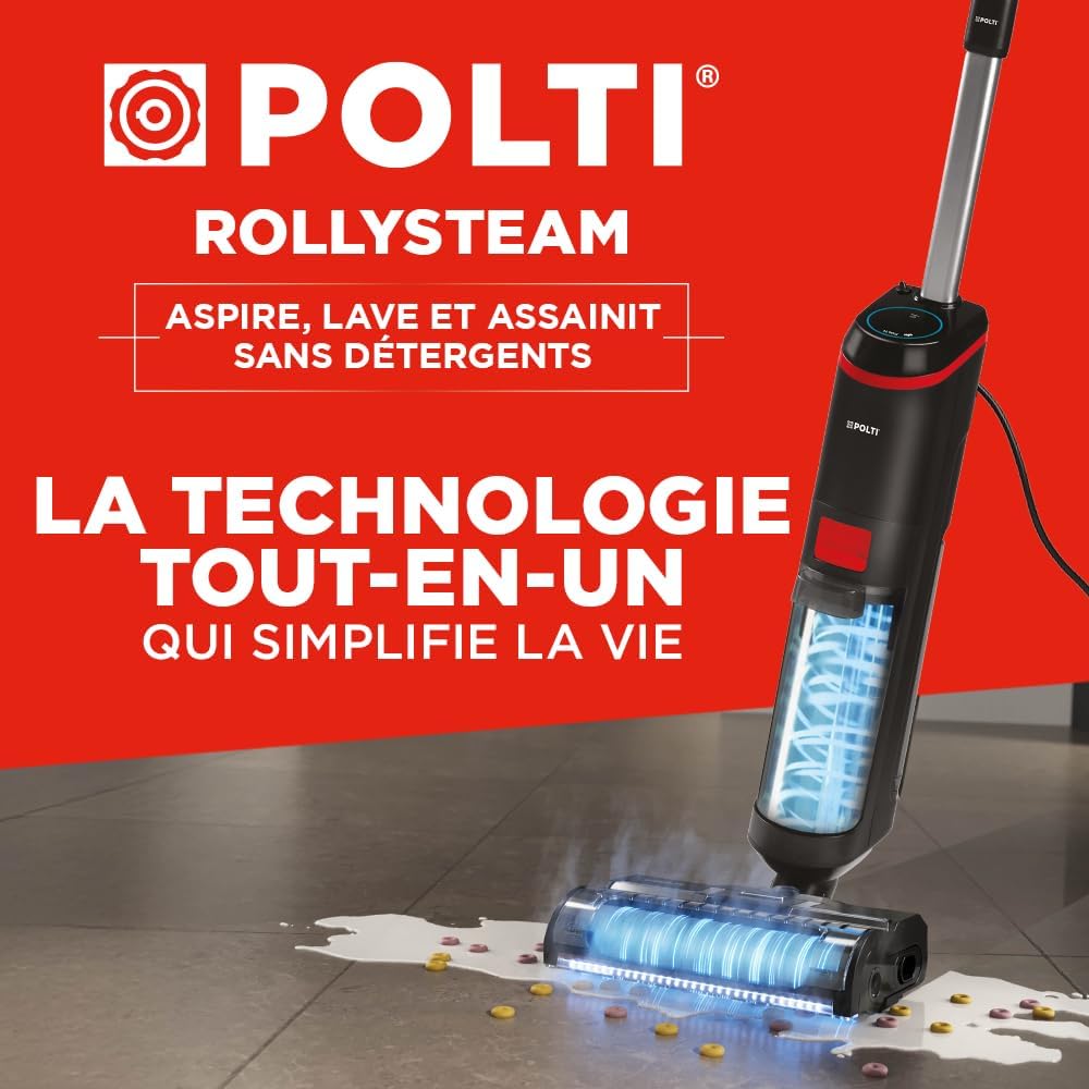 Rollysteam WD20 Balai Vapeur et Nettoyeur Sec et Humide avec Câble, Aspire et Lave, Vapeur Désinfectante, Autonettoyant, Noir