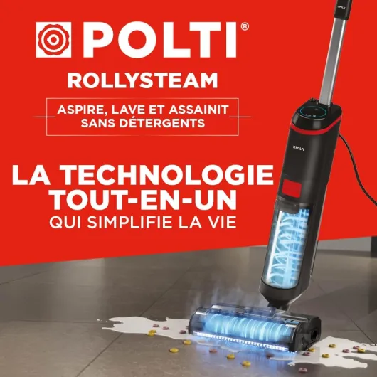 Rollysteam WD20 Balai Vapeur et Nettoyeur Sec et Humide avec Câble, Aspire et Lave, Vapeur Désinfectante, Autonettoyant, Noir