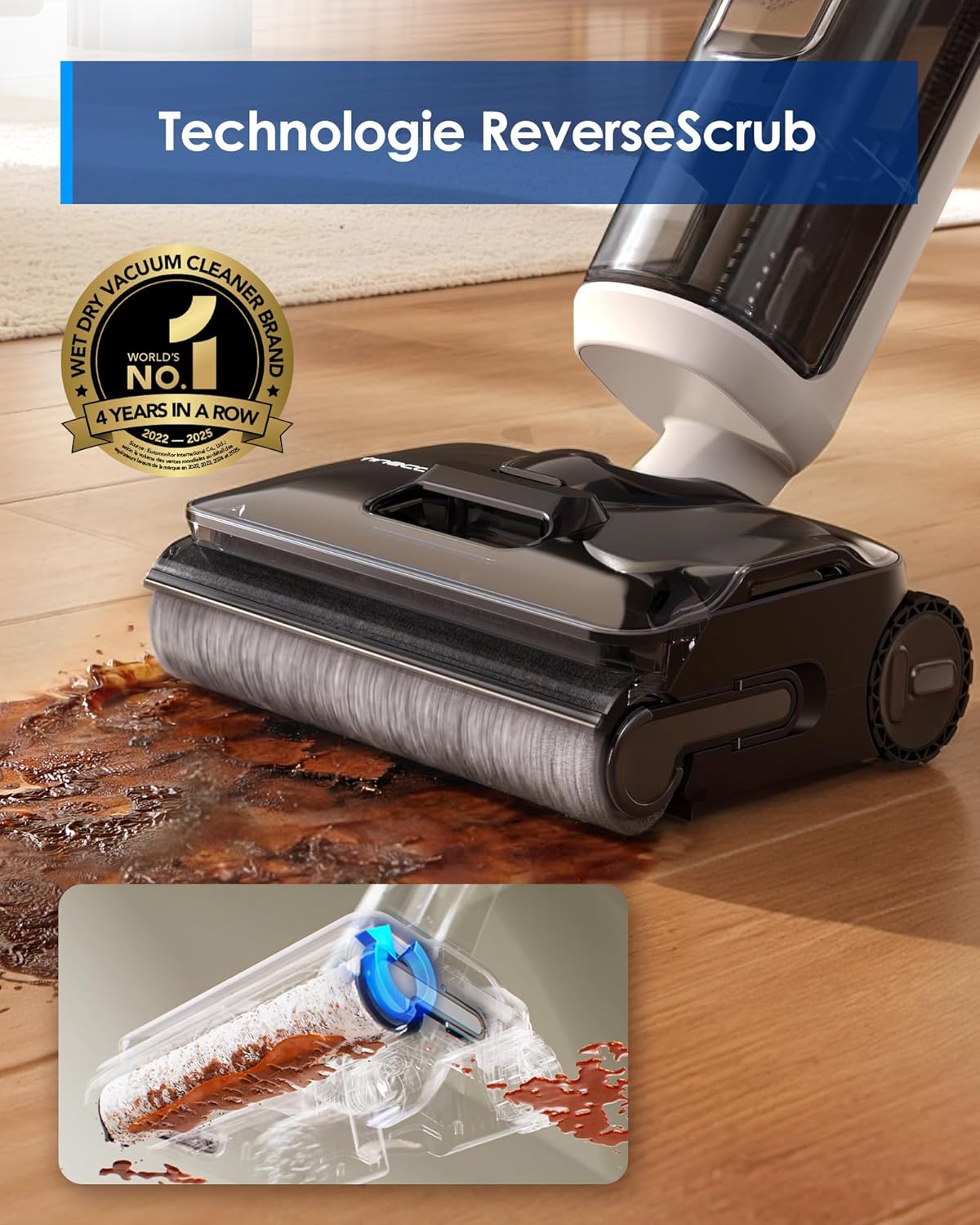 Floor One S7 Stretch Turbo Aspirateur Laveur, Aspirateur Balai sans Fil, autonomie 65min, Auto-Nettoyage Flashdry 110°C, ReverseScrub Taches tenaces, Mode Silencieux adapté aux Animaux