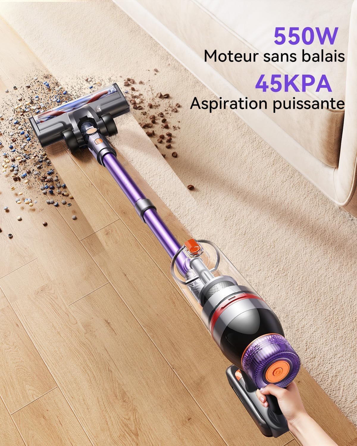 Aspirateur Balai Sans Fil 550W /45KPa, 60 Min d’Autonomie avec Mode Auto, Aspirateur Sans Fil Puissant Autoportant avec Support Mural pour Tapis, Sols Durs & Poils d’Animaux – Bac à Poussiè（Violet）