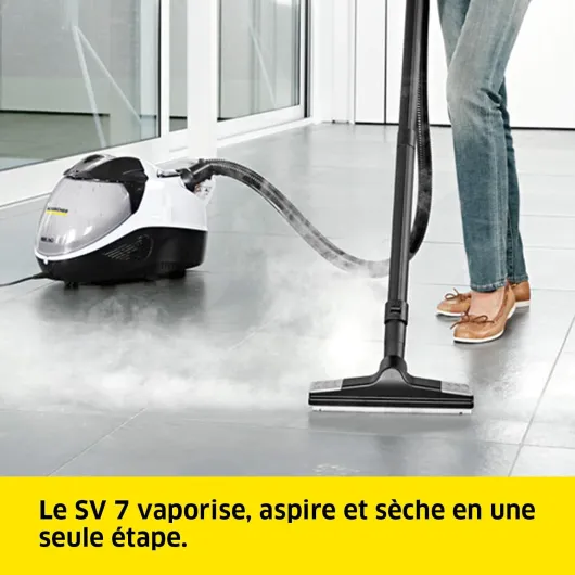 Kärcher Aspirateur Vapeur SV 7, Pression: 4 bar, Préchauffage: 5min, Débits Réglables, Plusieurs Filtres, 2 Réservoirs, avec Kit de Nettoyage, Suceur pour Rembourrages et Fentes, Pinceau pour Meubles Blanc