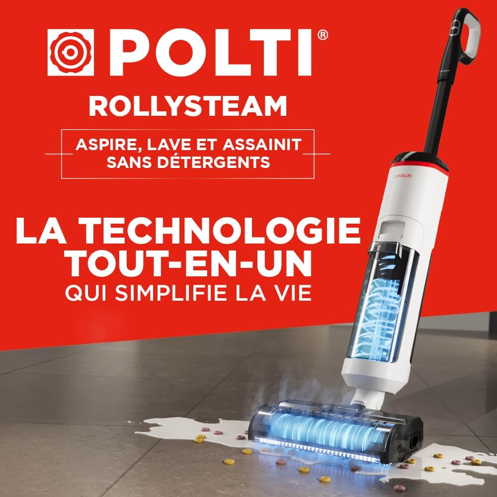 Rollysteam WD50C sans Fil, Nettoyeur de Sols avec Fonction Vapeur, Aspirateur Sec et Humide, 450 W, Nettoyage Complet en Une Seule Étape, Autonettoyant, Blanc vapeur et aspiration sans fil