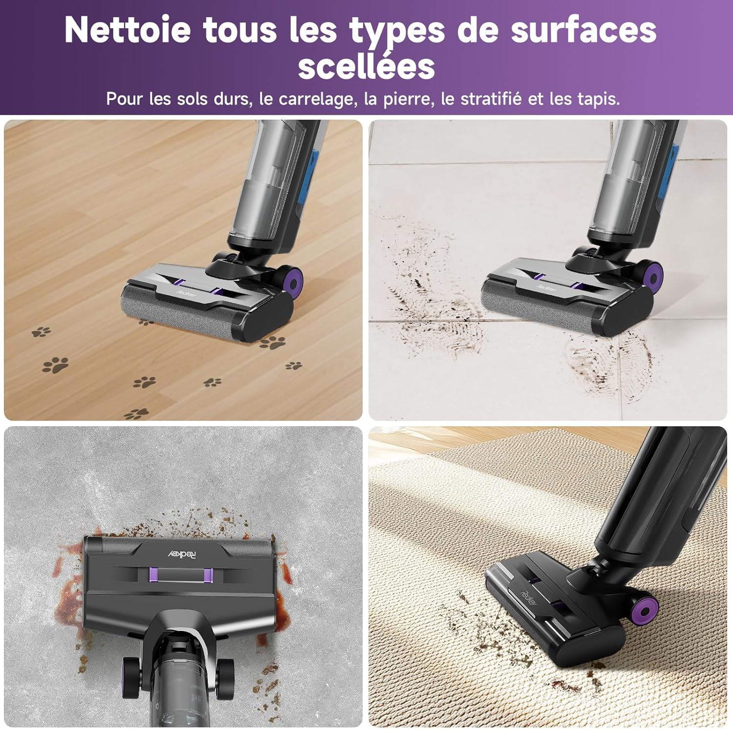 H15 Aspirateur Laveur, Aspirateur sans Fil Intelligent 3 en 1, 45min, Autonettoyant, 65dB, Avance Automatique, Nettoyage des Bords, Aspiration puissante pour déchets secs et humides