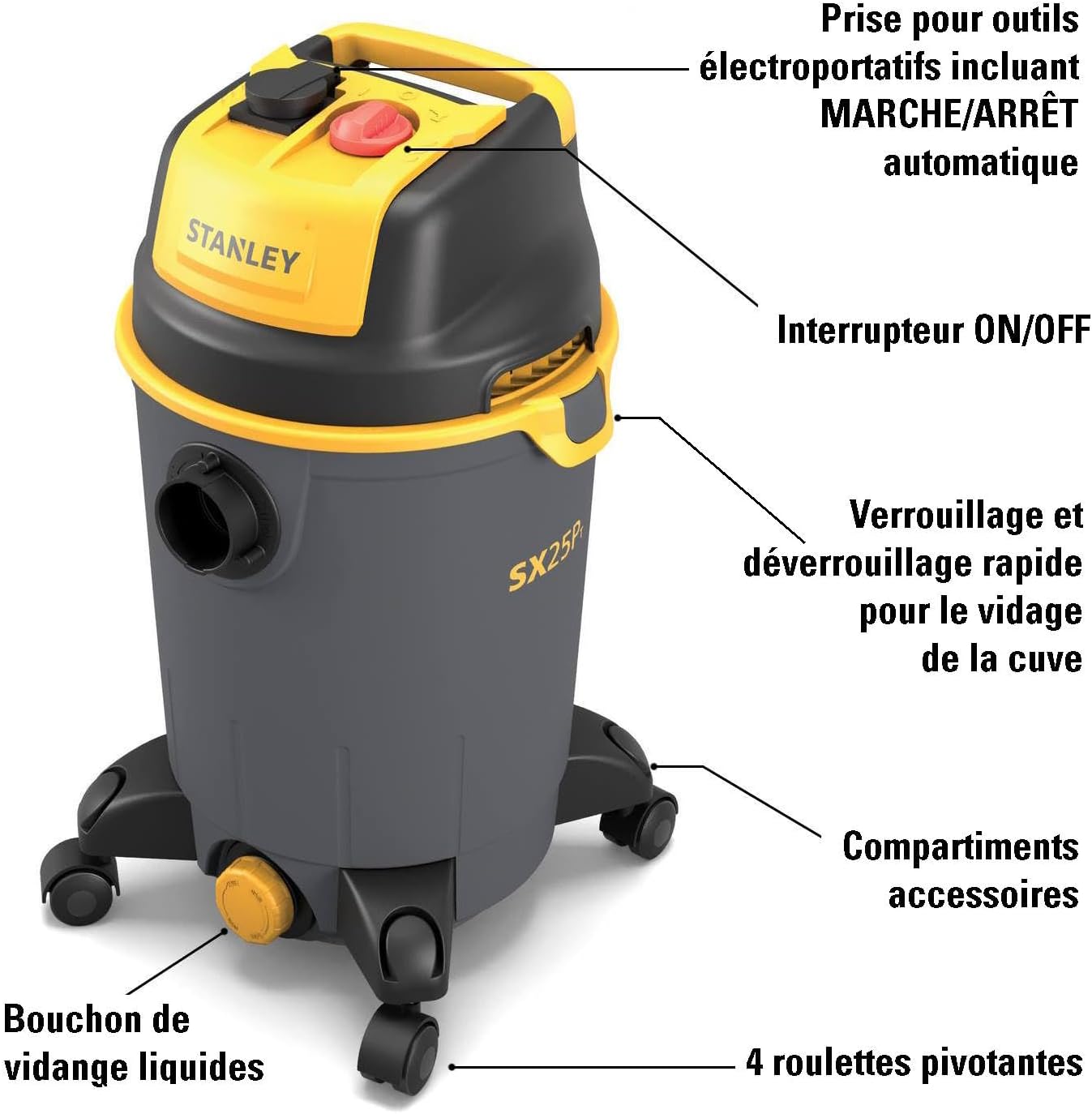 Aspirateur Solides et Liquides SXVC25PTDE avec Prise Outils Électroportatifs (1200 W, 25 l) Plastique 25 l - Prise Outils Électroportatifs